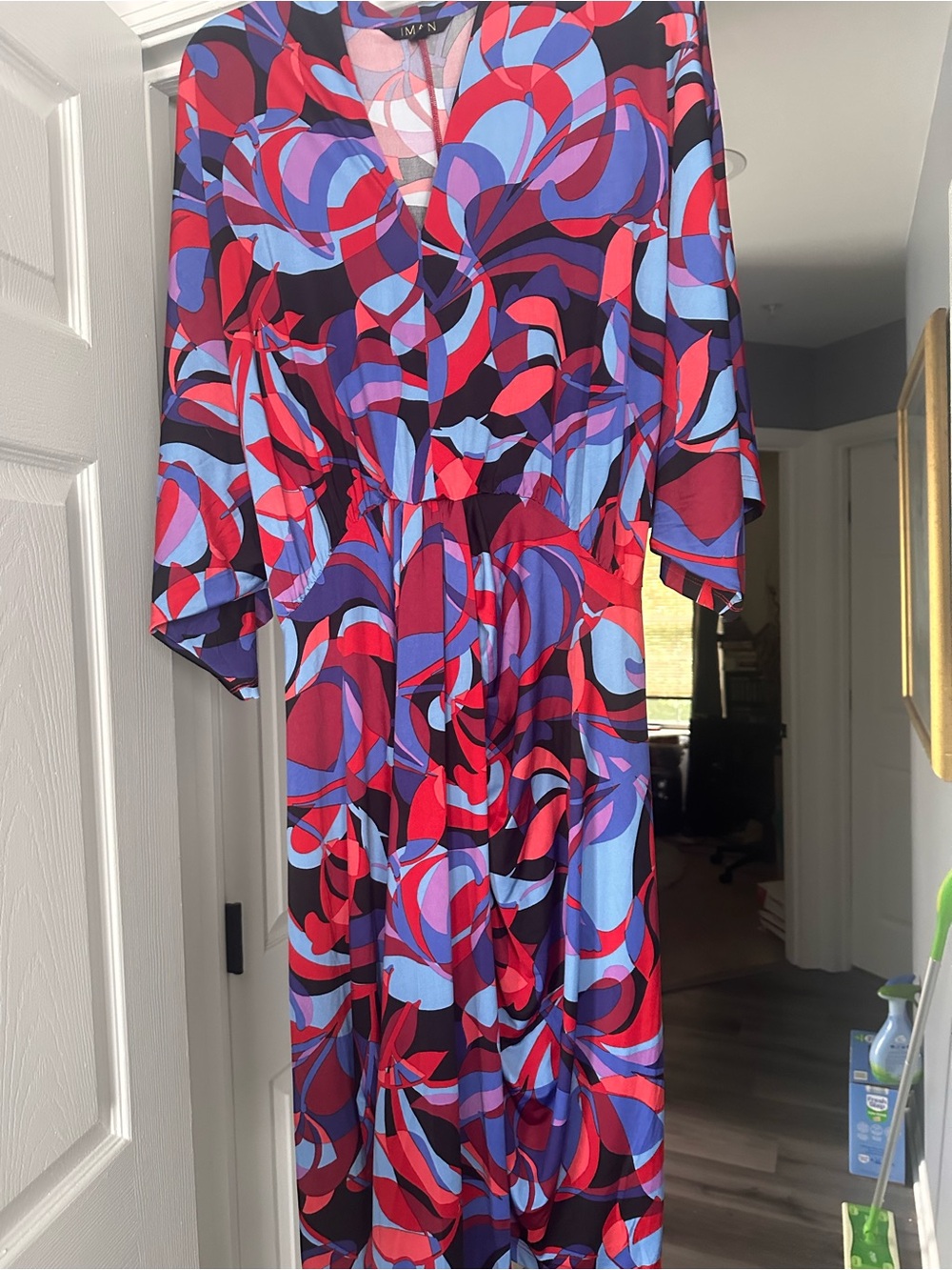 IMAN Colorblock Abstract Faux wrap Maxi Dress in Red, Purple & Blue